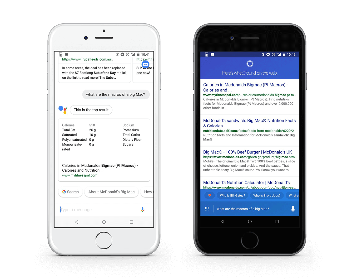 Comparison of google & bing voice search results for big mac macros