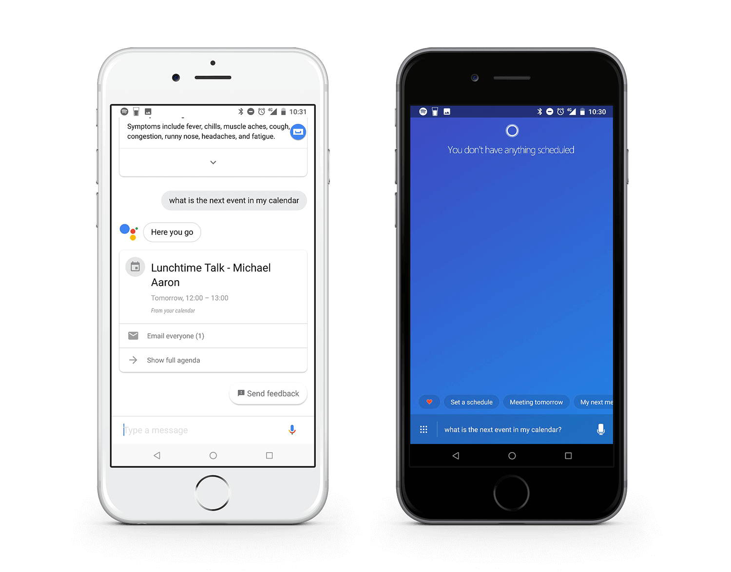 Comparison of Google Assistant and Cortana search results to "What is the next event in my calendar?"