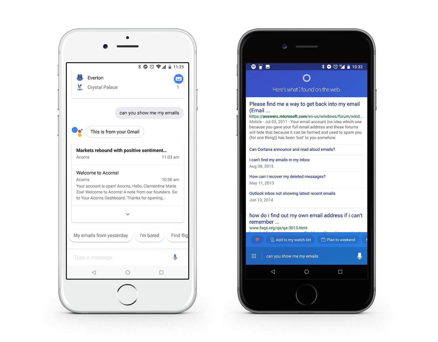 Comparison of Google Assistant and Cortana search results for "Show me my emails"