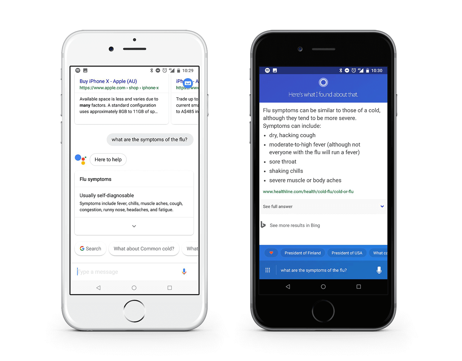 Google Assistant vs Cortana : Search results from question "what are flu symtpoms?"