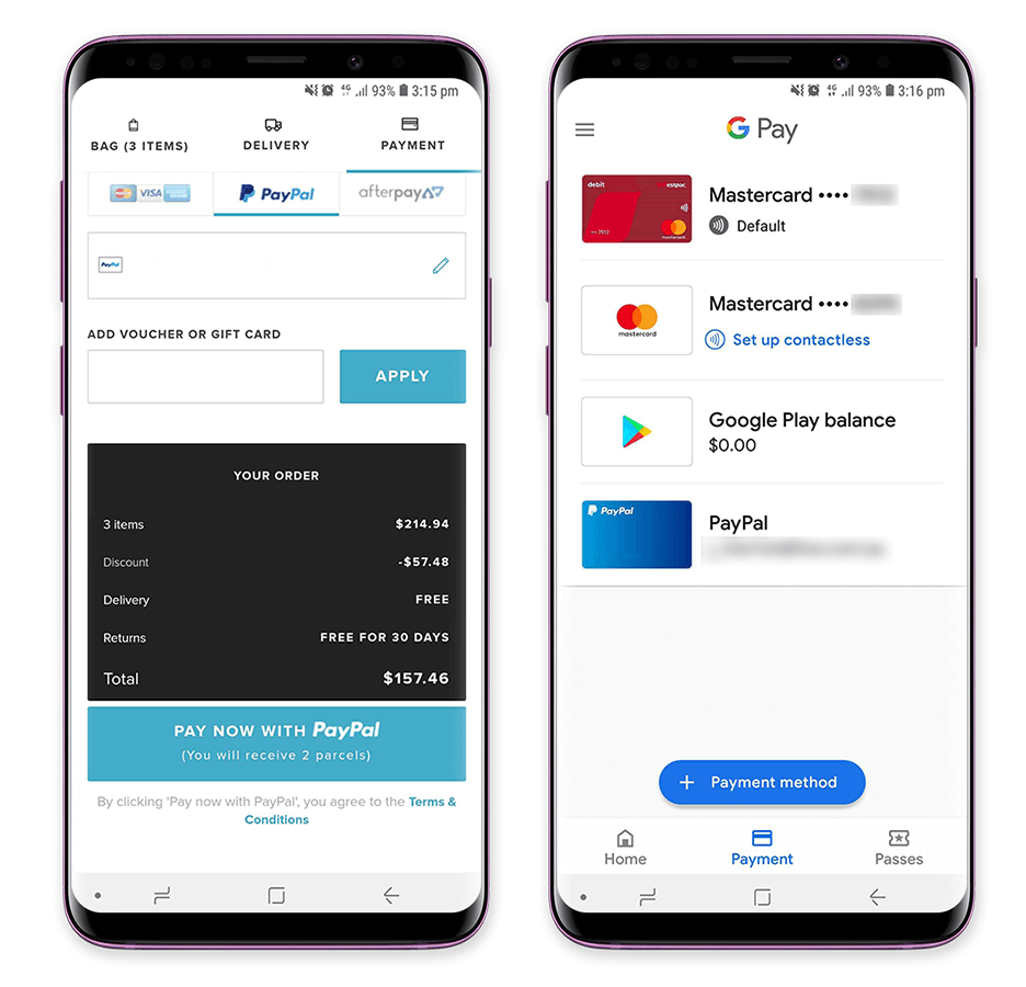 check out screen of paypal and google pay