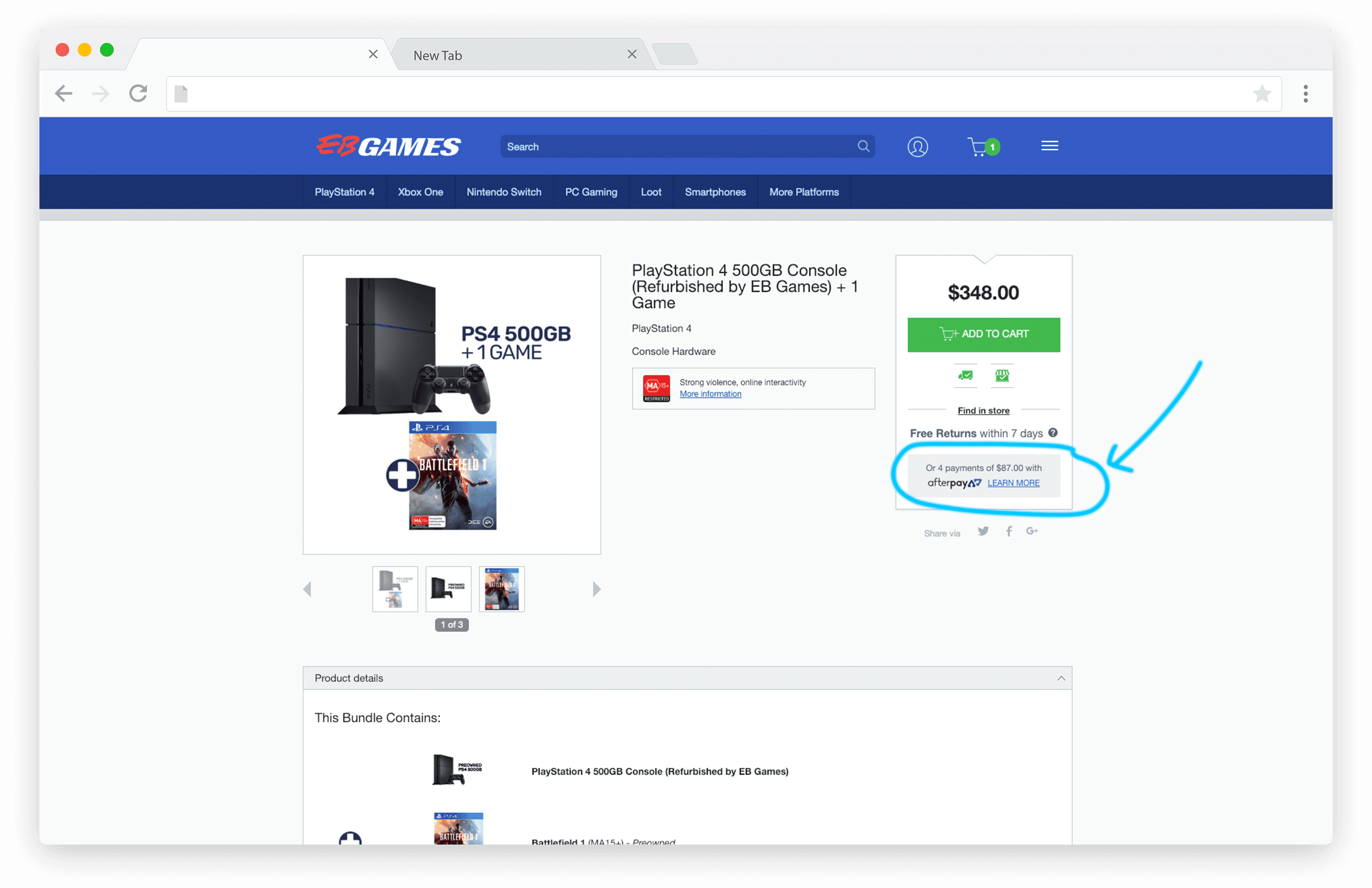 Screenshot of EB Games Afterpay option