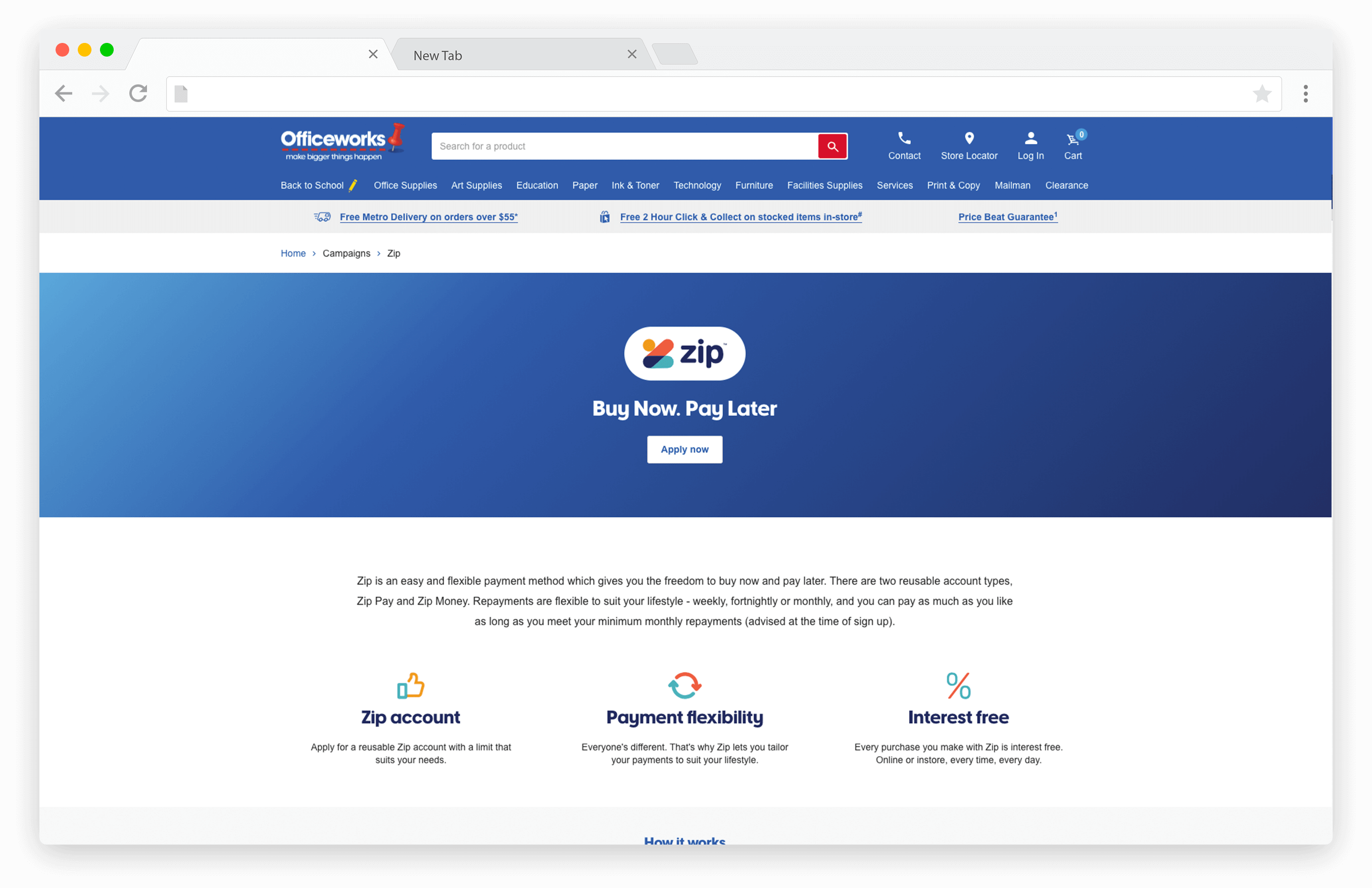 Screenshot of ZipPay information on Officeworks website