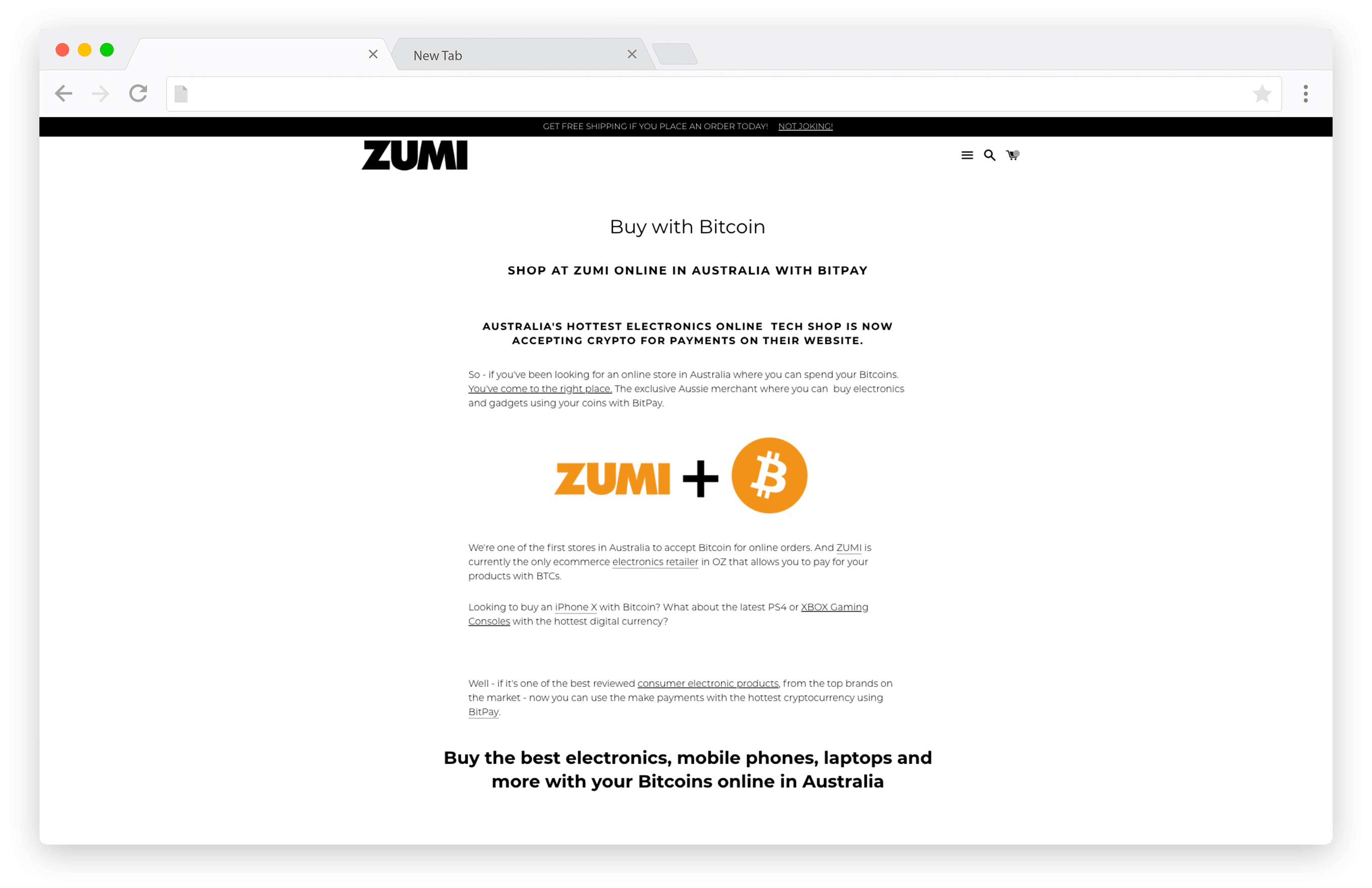 Screenshot of Zumi accepting bitcoin